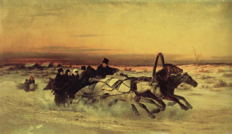 unknow artist Oil undated a Wintertroika in the gallop in sunset Spain oil painting art